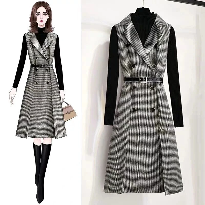 

Autumn Winter Women Houndstooth Sleeveless Notched Collar Double-Breasted Split Office Tweed Plaid Midi Dress With Belted Top