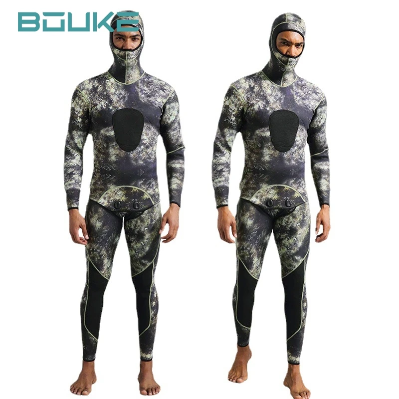 0 مللي متر التمويه بذلة طويلة الأكمام الانشطار مقنعين 2 قطع النيوبرين غاطسة للرجال الدفء الغوص بدلة غطس ملابس السباحة