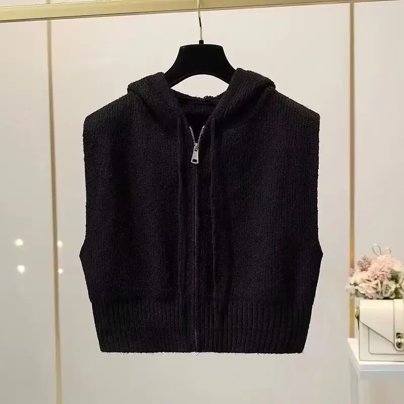 Women\'s Hooded Knitted Vests Draw String Retro Fashion Solid Female Autumn Sweaters Crops Minimalist Simple Sleeveless Zippers