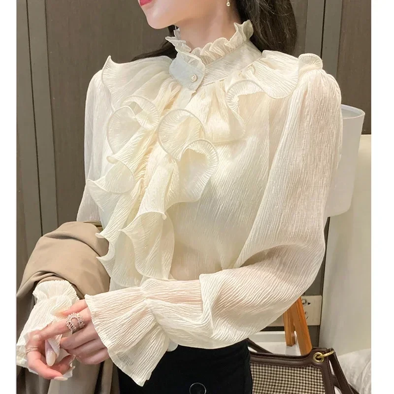 Elegant Women Lace Chiffon Shirt Vintage Clothes Long Puff Sleeve Blouse Spring Stand Collar White Loose Tops 12946