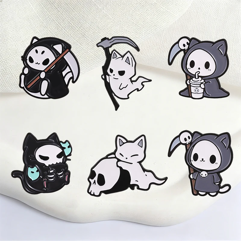 Halloween Cute Grim Reaper Cat Badge Cartoon Skeleton Ghost Enamel Pins Fashion Lapel Metal Brooch Backpack Clothes Jewelry Gift