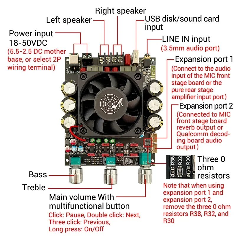 Imagem -02 - Peça Módulo Bluetooth 300w Placa Amplificadora Digital Tpa3255 de Alta Potência Hifi Canal Duplo com Ajuste de Graves Altos e Baixos Aux 1