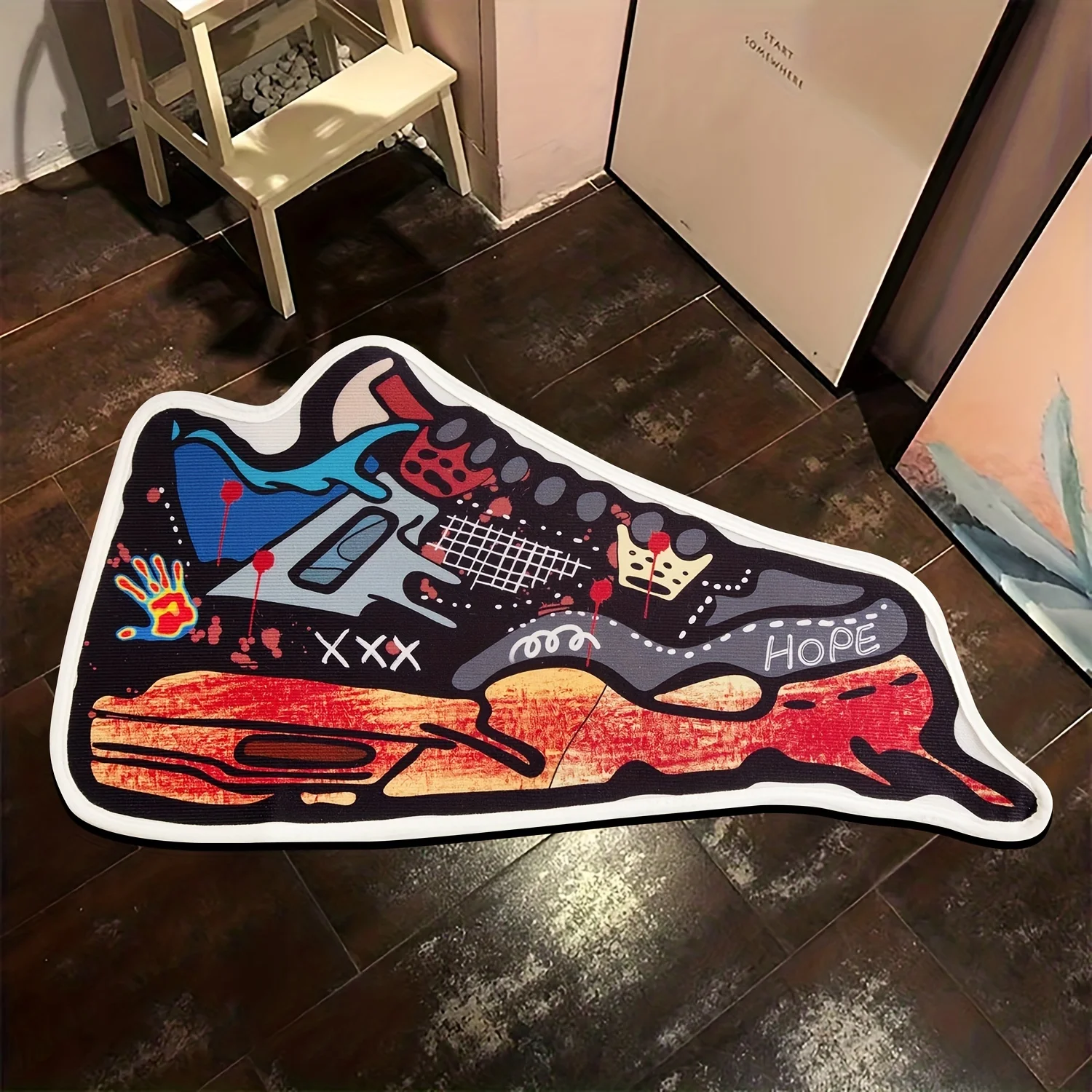 Graffiti Sneaker Shaped Rug Street‑wear Aesthetic Non‑Slip Floor Mat Irregular Shoe‑Print Doormat Teen Bedroom Hip‑hop Home Deco