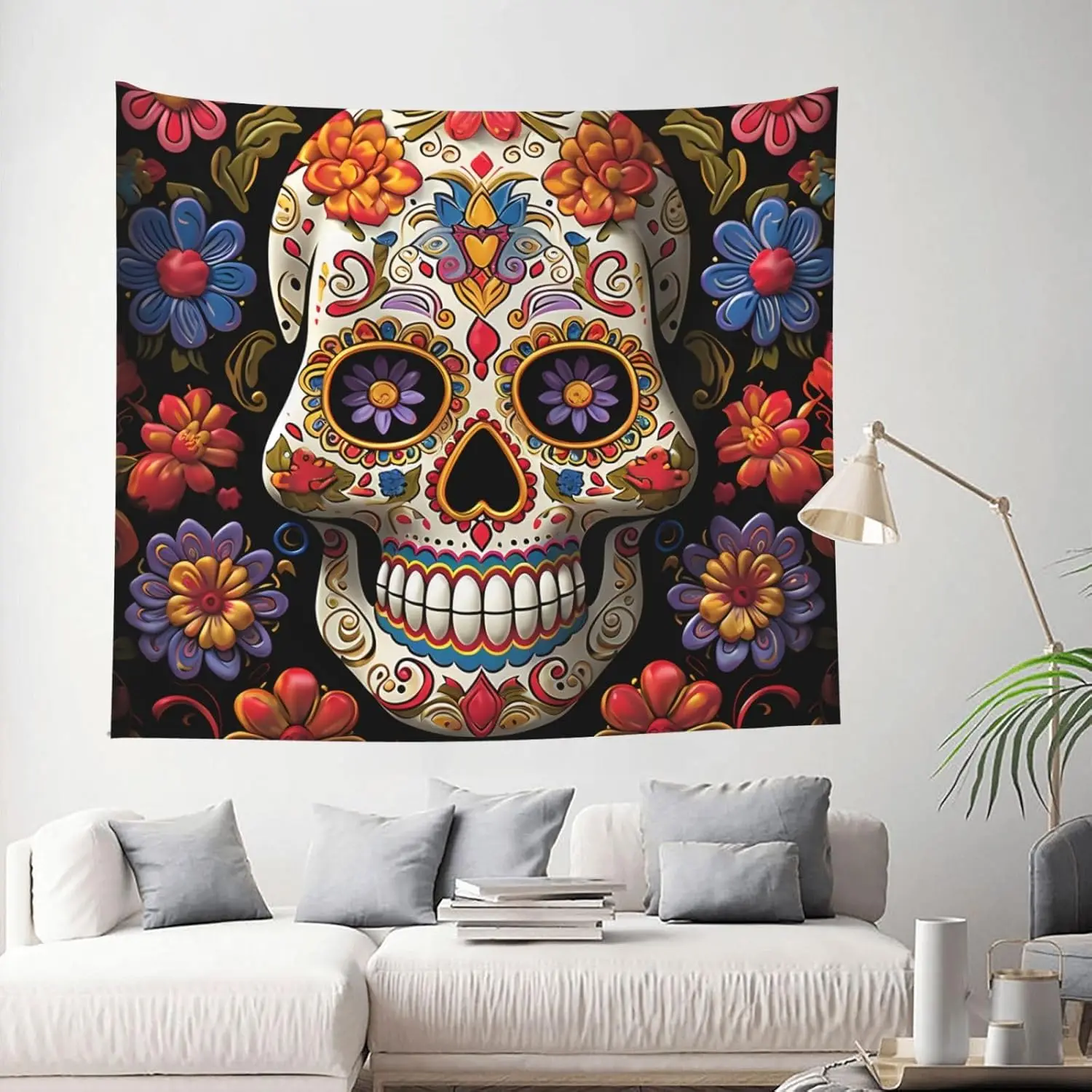 Sugar Skulls Tapestry Wall Hanging, Wall Art Tapestries Backdrop Poster Wall Decor Tapestry For Bedroom Living Room Dorm 60x51in
