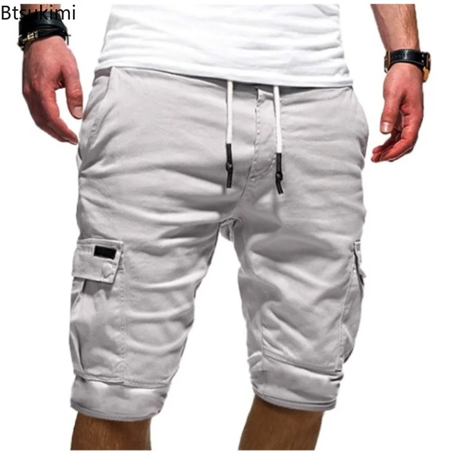 Summer Men's Cargo Shorts Solid Casual Multi Pockets Fashion Half Pants Loose Drawstring Shorts for Men Clothing Jogging Shorts