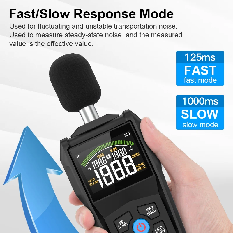 MESTEK Bluetooth Noise Sound Level Meter Color Display Fast Slow Sampling Rate Capacitive Microphone Monitor 30-130dB Backlight