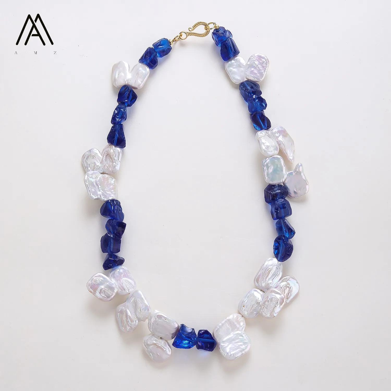 Natural Baroque Pearls Chokers Necklace Irregular Pearls with Blue Glass Statement Jewelry Accessory for Women Gift 20 Inches
