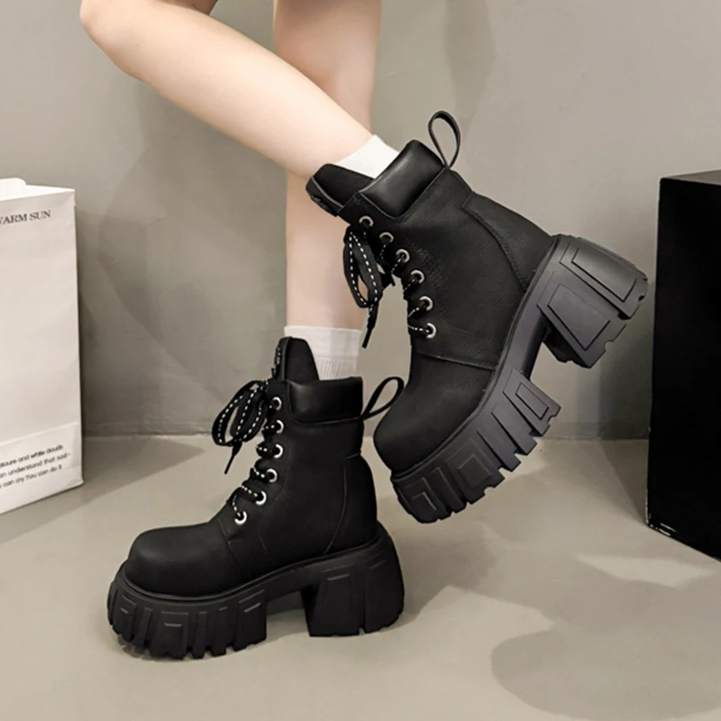 High Heels Women's Ankle Boots Lace Up Platform Shoes 2025 Winter Trend Sneaker Sport Chelsea Boots Chunky Pumps Mujer De Botas view 5