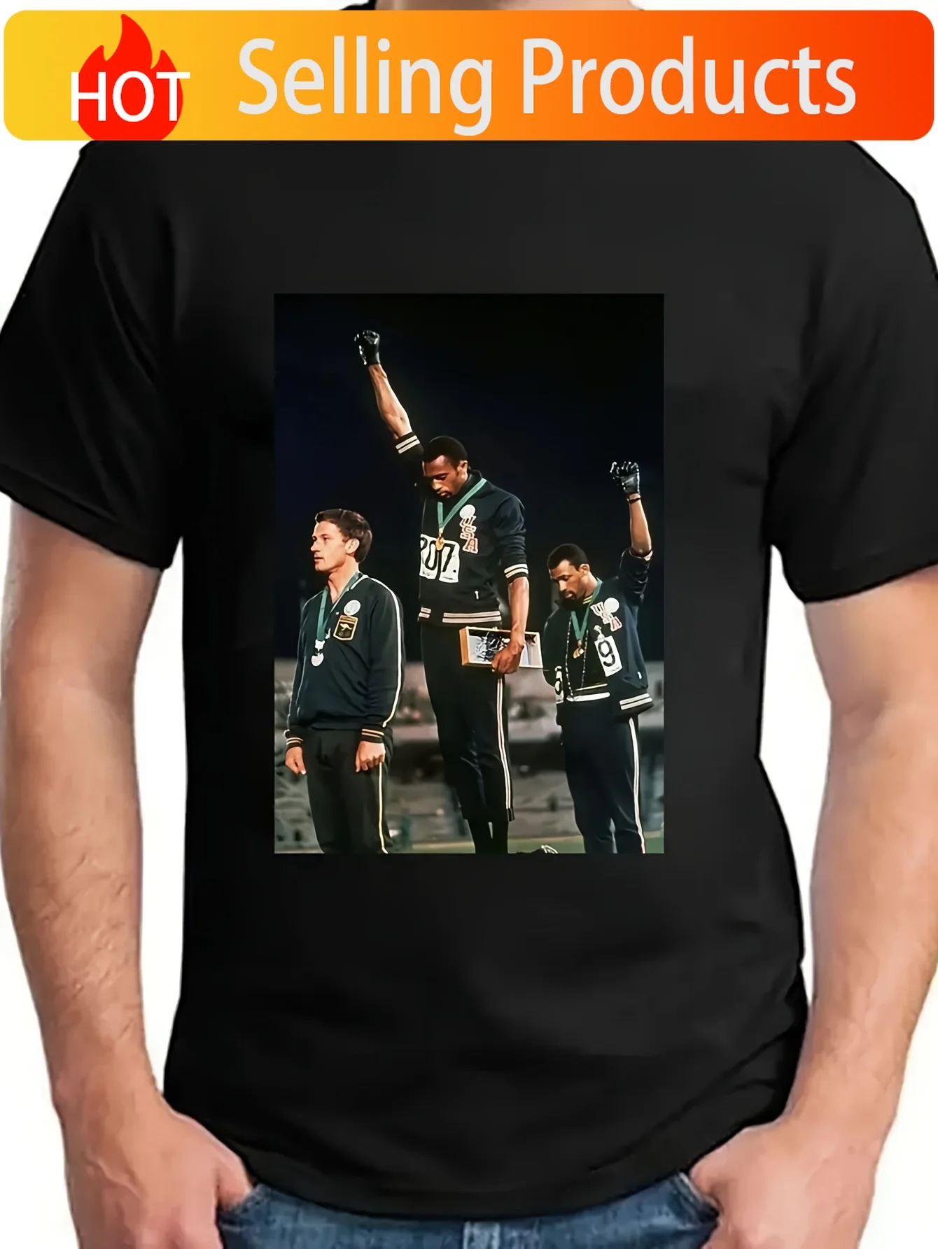 1968 Black Power Salute Vintage Graphic T Shirt Short Sleeve Regular Fit Tee with Historical Protest Design Round Neck Casual To