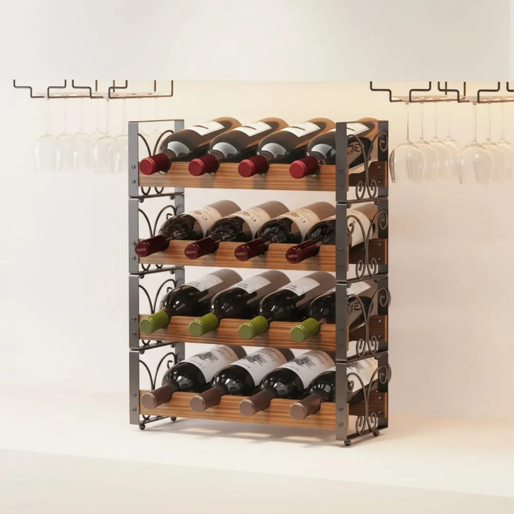 

4-Tier Stackable Wine Rack, Wooden & Metal Storage for 16 Bottles, Retro Design Kitchen Bar Display Shelf