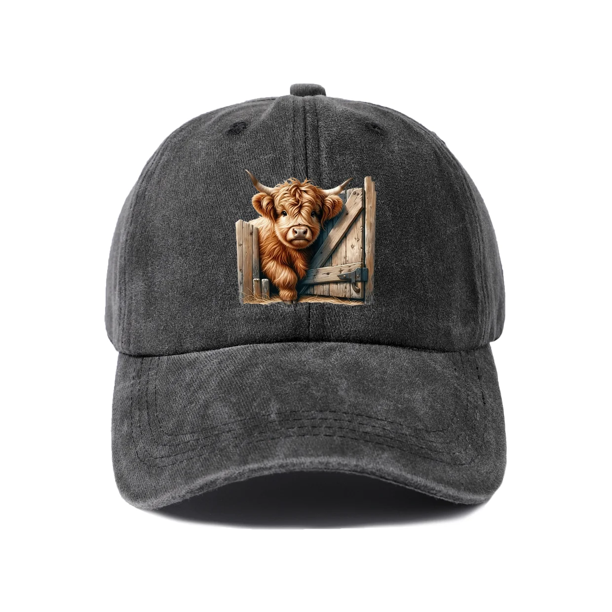 Highland Cow in Barn Window Graphic Vintage Washed Baseball Cap, Adjustable Unisex Dad Hat for Men and Women