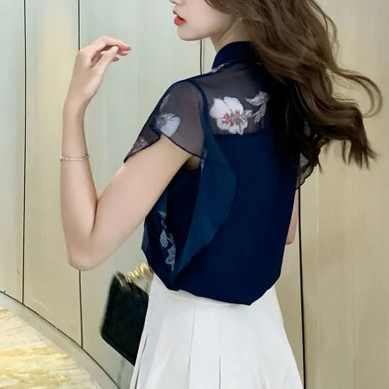 Korean Version Summer Fashion Sleeveless Women Shirt Stand Collar Bow Print Ruffles Chiffon Shirt Blouse Women Tops Camisas C18