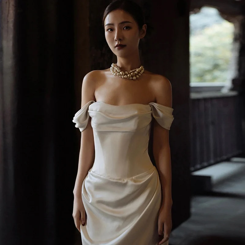 

Ele Simple One-oulder Bridal Gown in Silk Satin Fabric Outdoor Travel Photoaphy Women's Dr Slimming Outfit