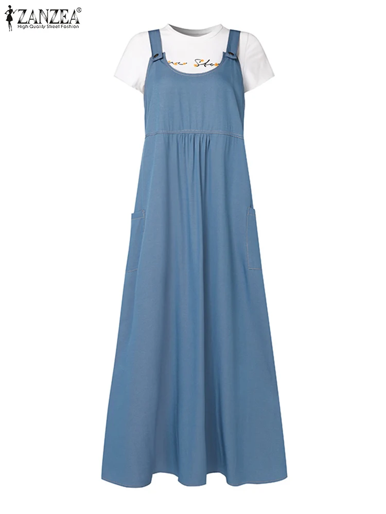 ZANZEA Women Casual Loose Denim Suspender Dresses Muslim Hijab Wide Strap Sleeveless Long Dress 2024 Summer Daily Vestidos Mujer