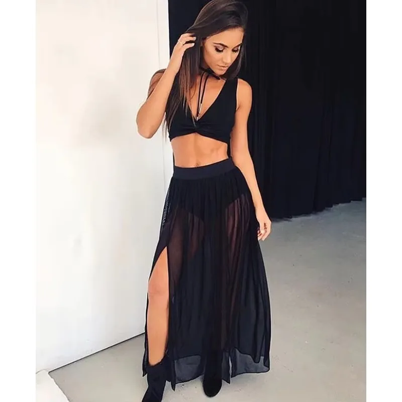 

See-through Long Dress Women Summer Spring Split Mesh High Waist Sexy Loose Dress