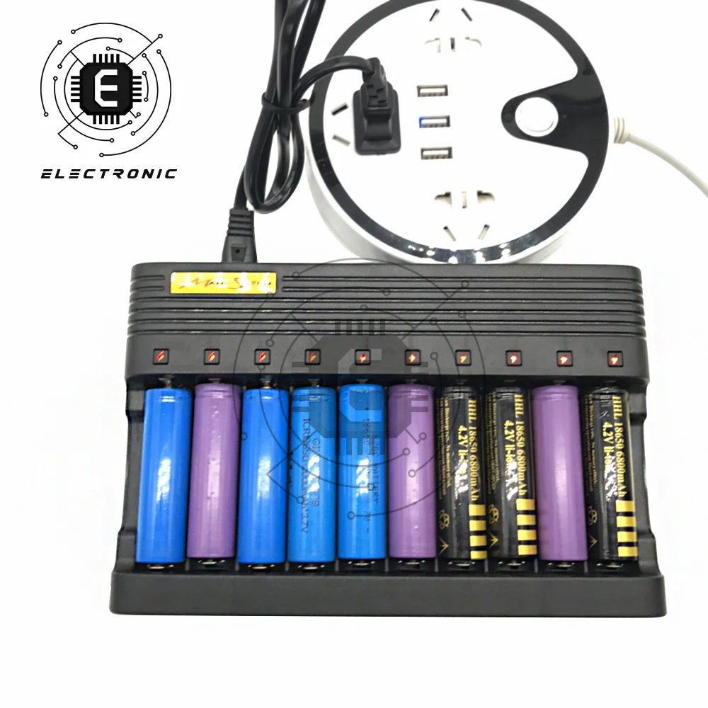 Independent Slot EU US Plug Charger Compact 10-Slot Battery Charger 3.7/4.2V 14500 16340 18650 Li-ion Rechargeable Battery