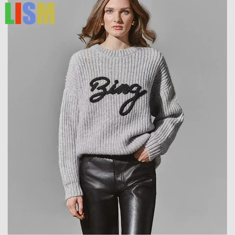 LISM women's winter clothes y2k hoodies sweatshirt 2025 Letter Wool Crew Neck Knitted Sweater Alpaca Wool Women's Sweater