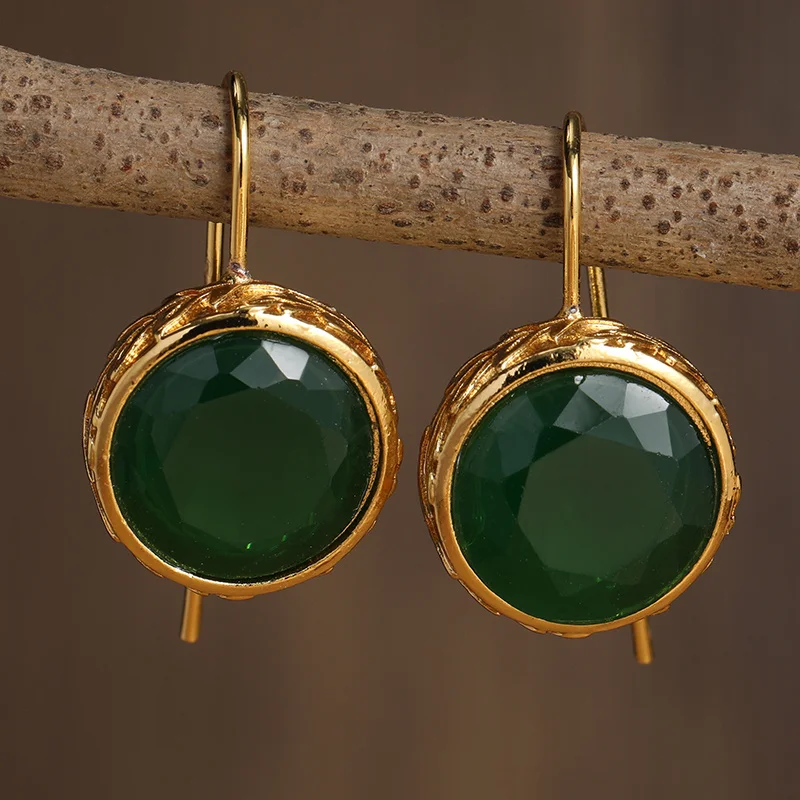 Trendy Gold Color Green Stone Unique Earrings Gifts for Women Women\'s Everyday Simple Framed Stone Drop Earrings