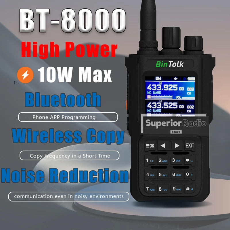 BinTolk BT8000 10W Walkie Talkie Bluetooth Intelligent Noise Reduction Type-c Charger Portable BT 8000 Two Way Radio Air Band FM