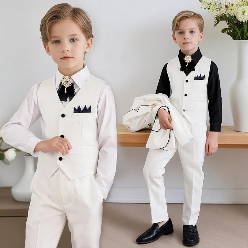 

Children Vest Blazers Set White British Handsome Spring 2025 Boys Suits for Weddings Teenage Kids Piano Walk Performance Clothes