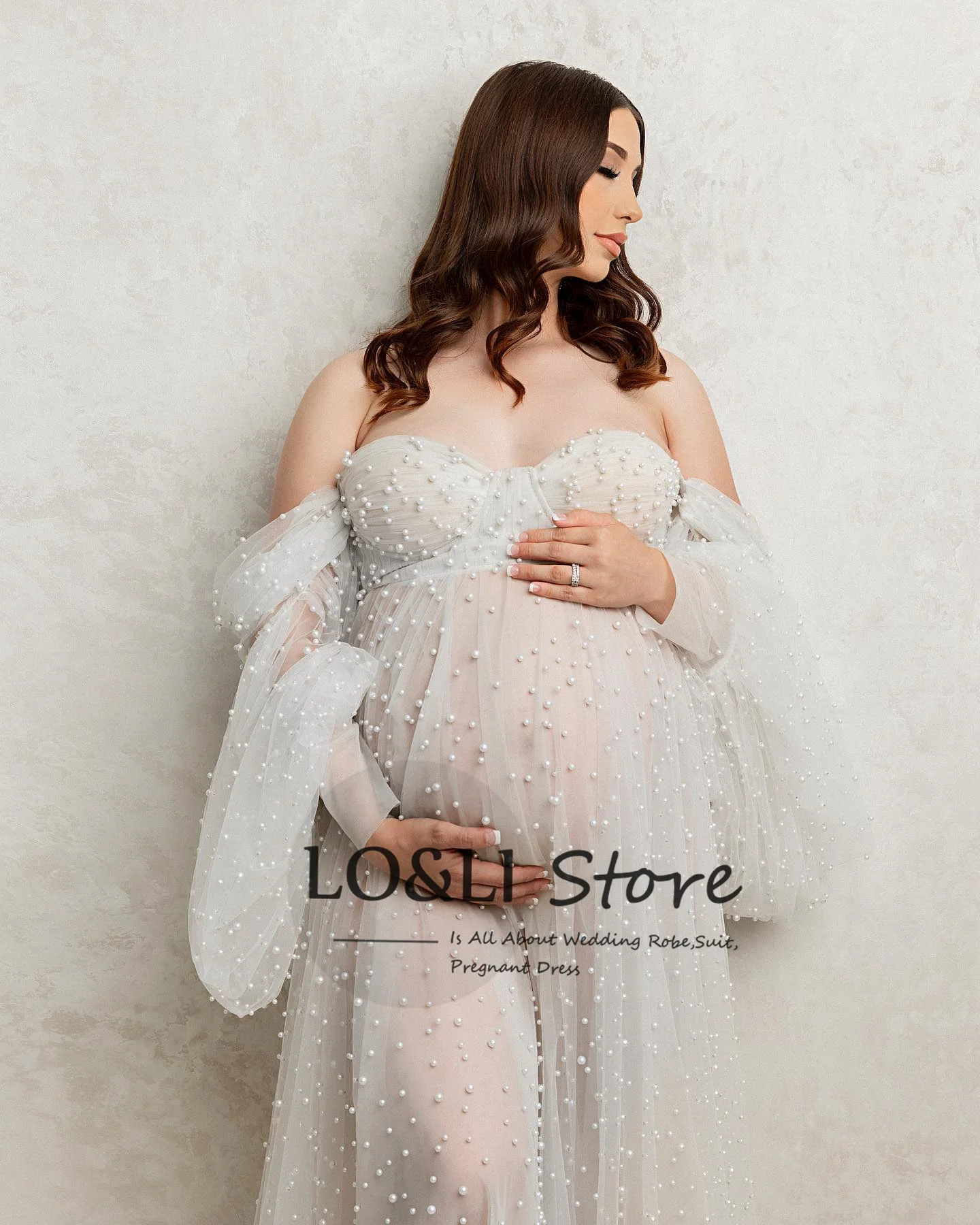 Off Shoulder Pearl Tulle  Babyshower Clothes Maternity Photography Dresses White Sexy Dress For Woman Long Pregnancy Shoot Gown