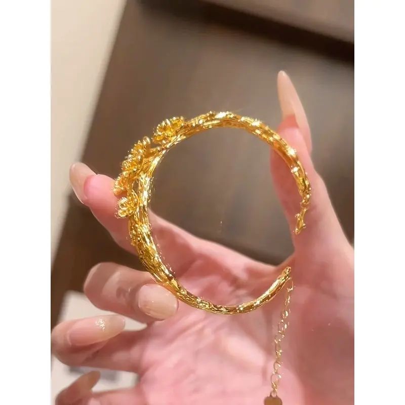 24k 999Gold Double-Layer Peach Blossom Branch Open Bracelet for Women, High-End Feel