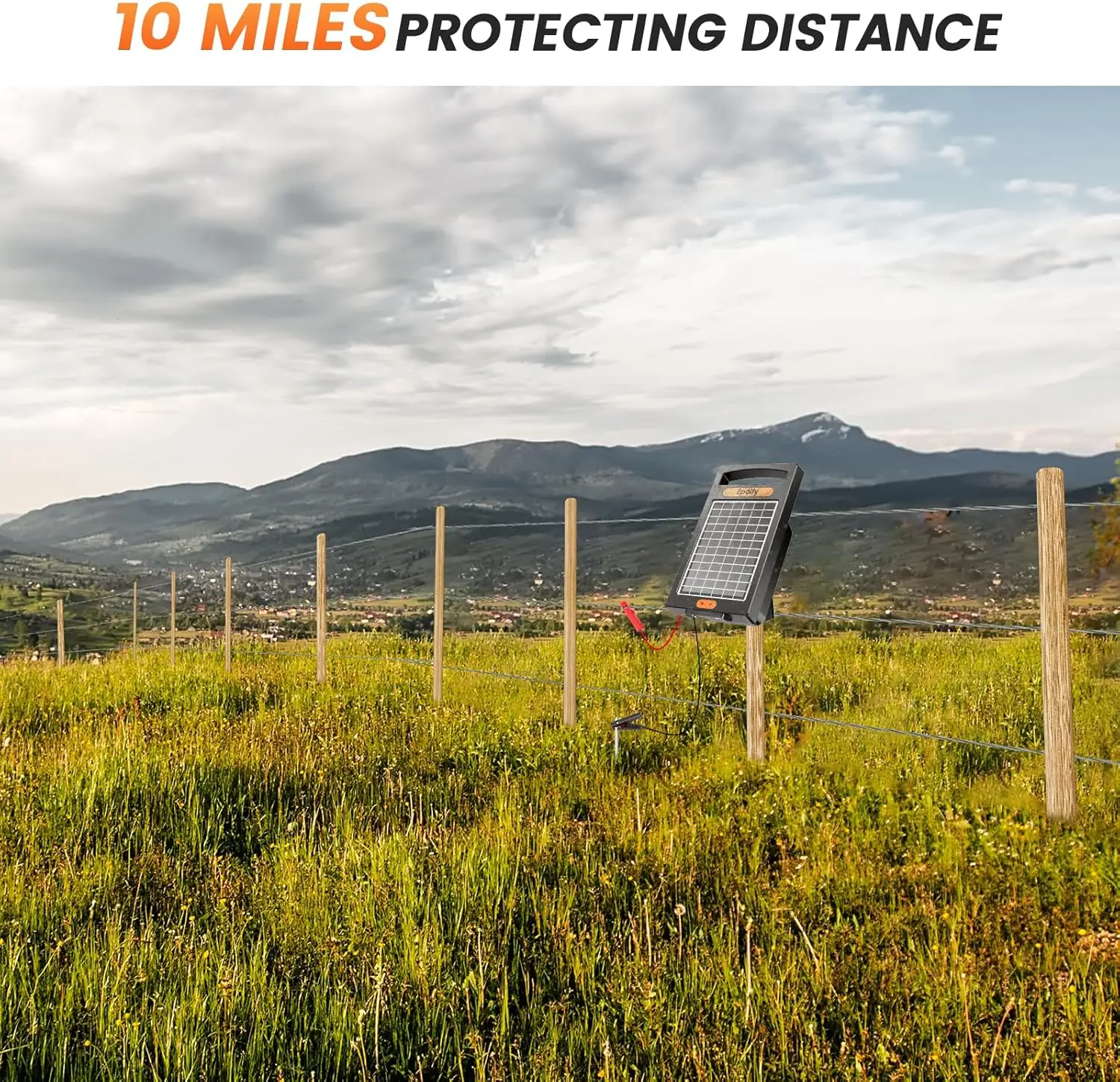شاحن سياج كهربائي يعمل بالطاقة الشمسية لمدة 24 ساعة، 10 أمتار، شاحن سياج كهربائي يصل إلى 10200 فولت، طاقة محمولة 0.18J