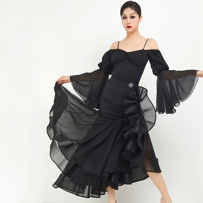 Nieuwe Ballroom Danswedstrijd Kleding Voor Vrouwen Zwarte Lantaarn Mouwen Visbot Rok Pak Wals Moderne Dansjurk Dn15103