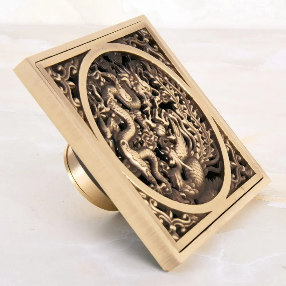Antique Brass Carved Bird Animal Pattern Bathroom Shower Drain 4