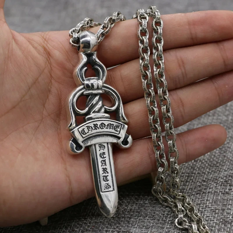 

European and American Personality Sword Pendant Thai Silver 925 Sterling Silver Necklace Long Sweater Chain Pendant Men's Fashio