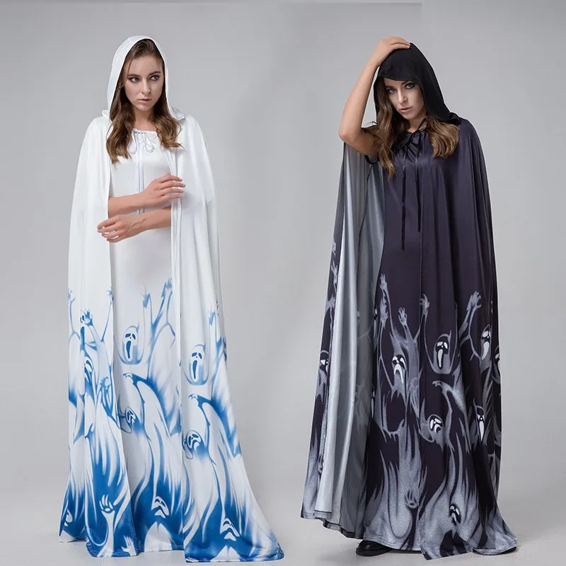 Damen-Kostüm mit weißem Totenkopf-Geist, Braut-Cosplay, Dämon, langes Umhangkleid, geeignet für Halloween, Ostern, Karneval, Mottoparty-Outfit