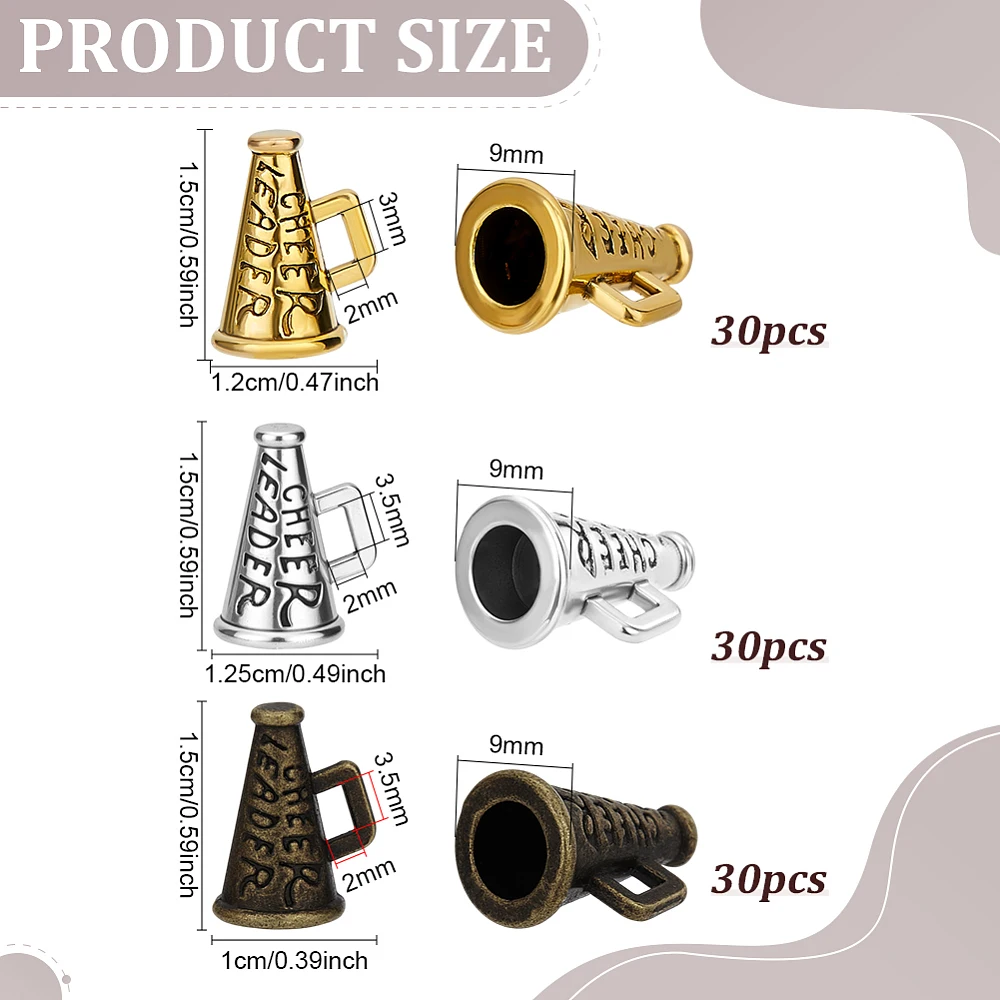 90PCS Megaphone Cheer Charms 3Styles Loudspeaker Dangle Pendants Mini Cheerleading Trumpet Charms Horn Pendants for DIY Crafts