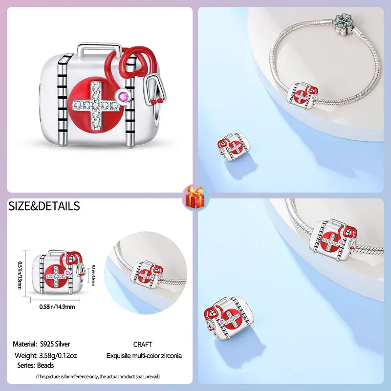 Travel Hobbies 2025 New Year Beads 925 Sterling Silver Red Medical Equipment Box White Cross Charms Women's Jewelry DIY Gift