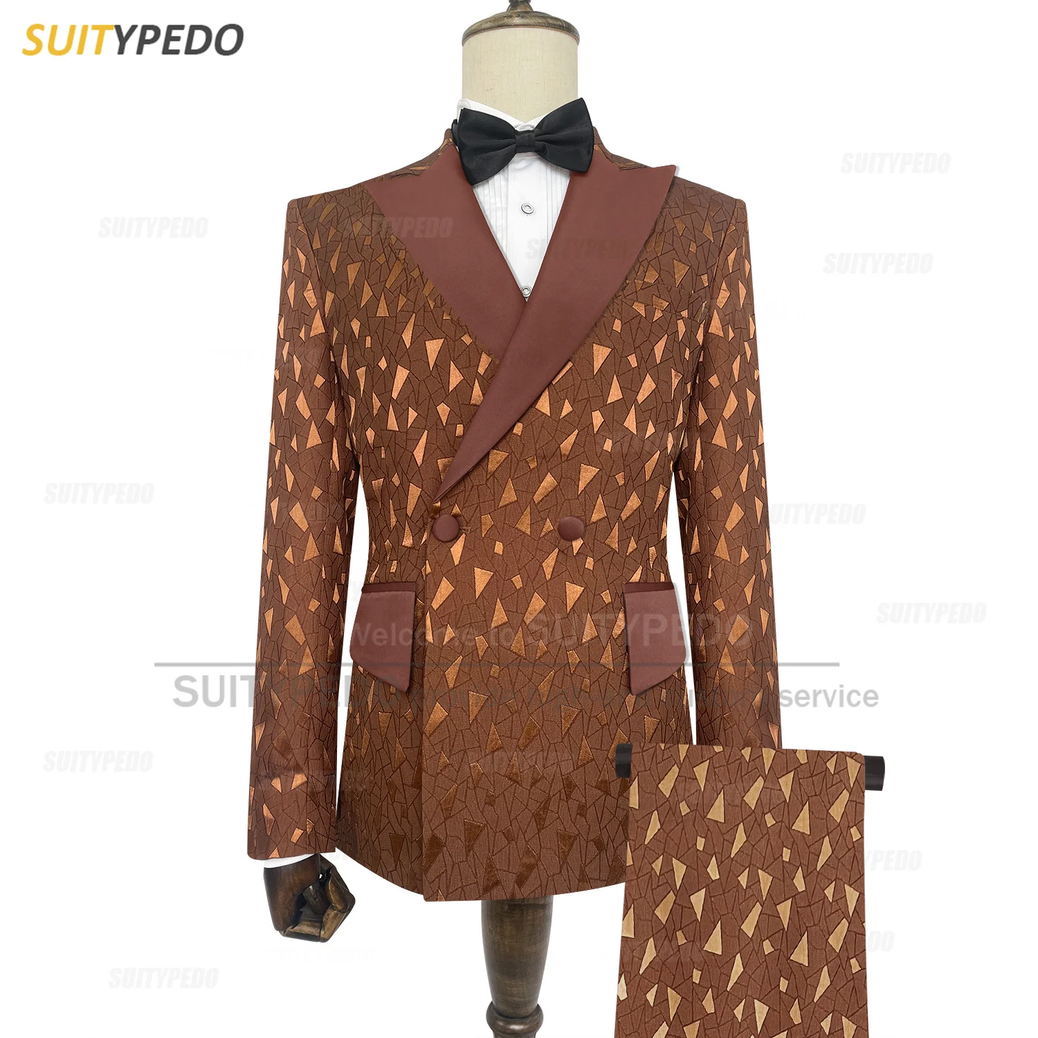 

Luxury Printing Men Suit Sets Wedding Party Brown Shiny Blazer Pants 2Pcs Tailor-made New Designs Mens Jackets Elegant Tuxedo