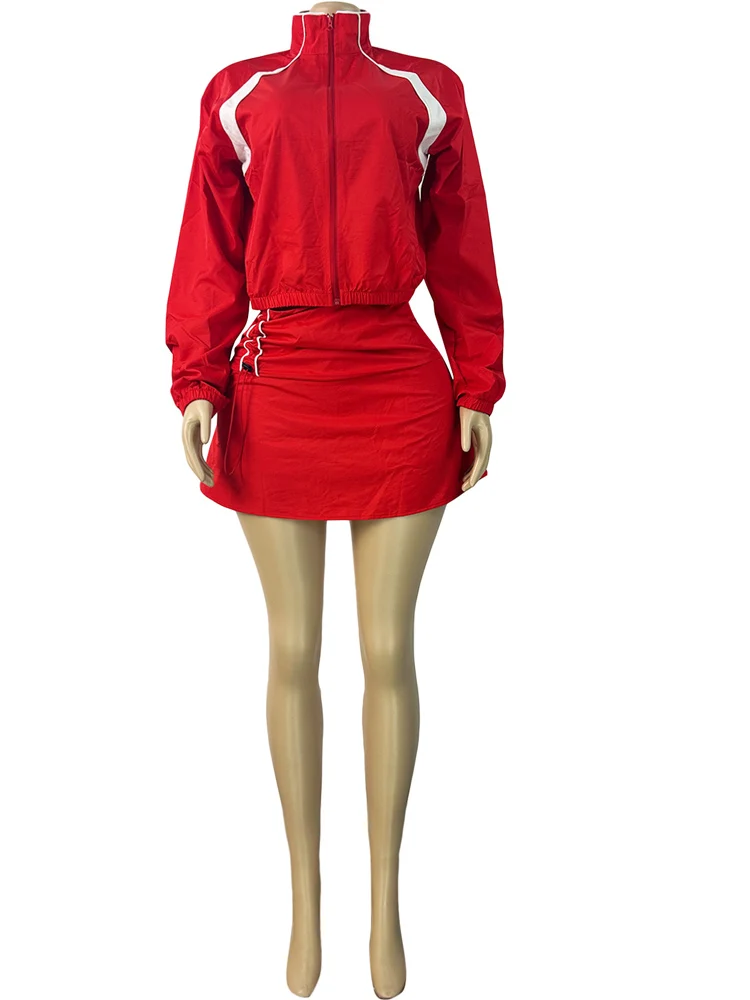 Beyprern Red Sporty 2 Piece Set Women 2026 New Casual Zip Up Jacket and Mini Skirt Matching Set Streetwear Athleisure Outfits - Image 4