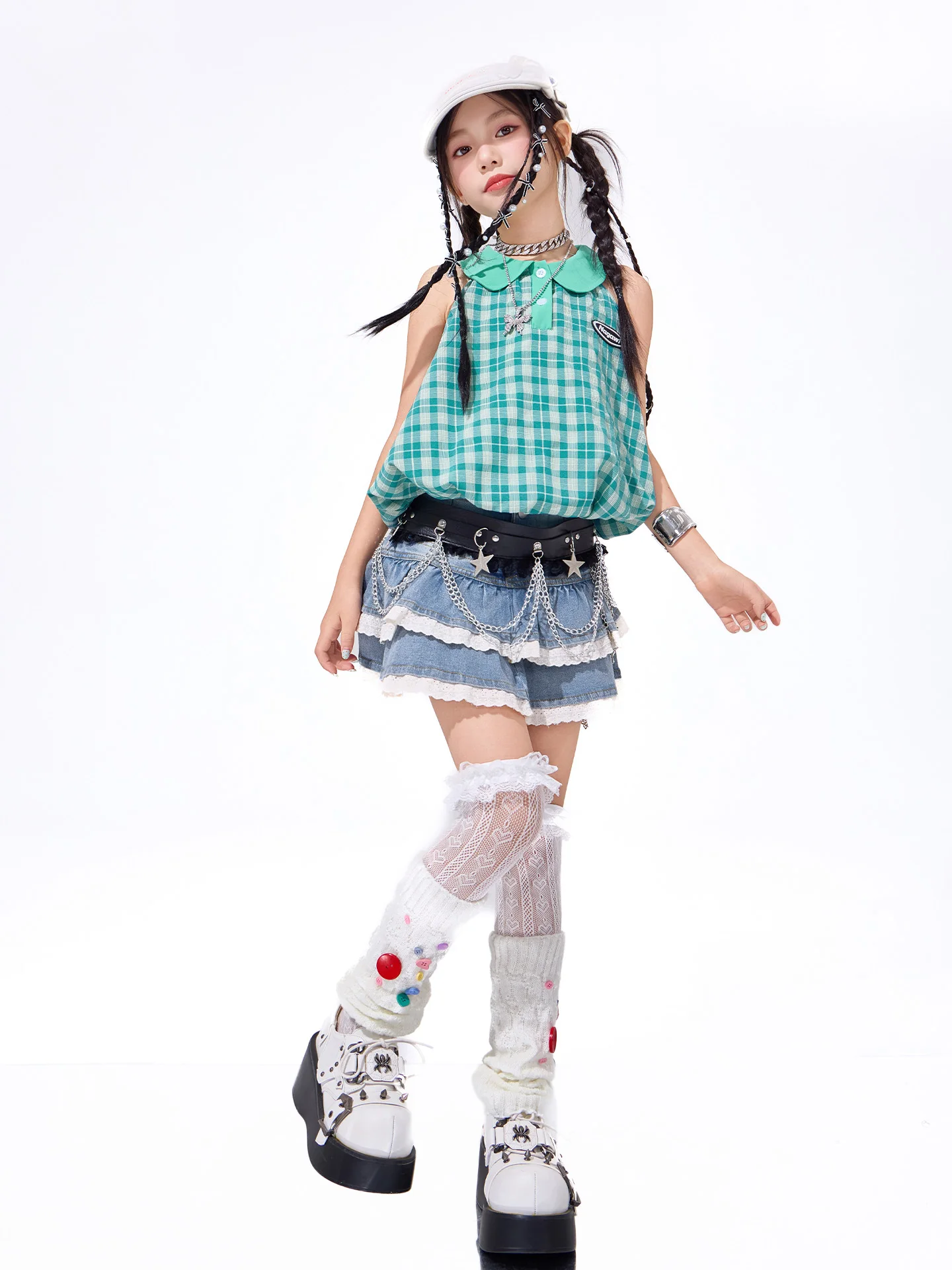 女の子のスポーティなバレエスタイルデニムファッションショー衣装子供用パフォーマンス服ジャズダンスショー衣装ベルト付き