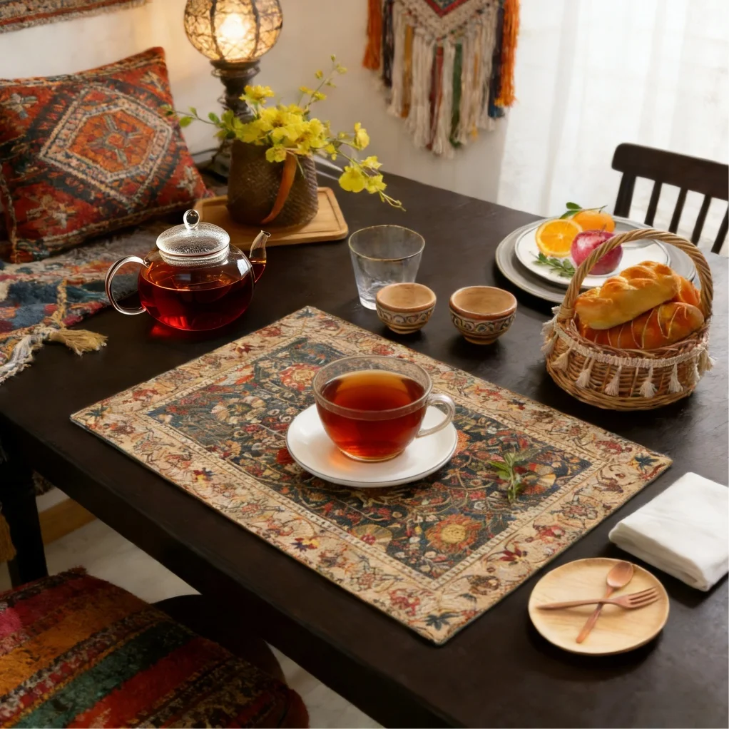 Persian Placemats Set - 1/4/10PCS Boho Kitchen Dining Fabric Linen Washable Heat-Resistant Table Mats Decor