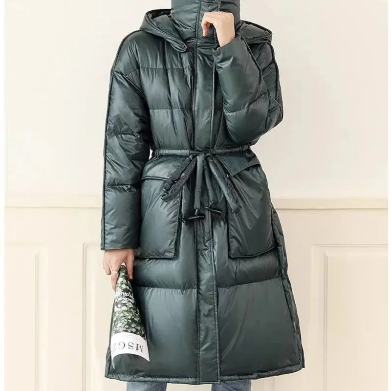 High End Temperament Down Jacket Womens Parkas 2024 New Long Winter Jacket Hooded Thicken Warm White Duck Down Coat Female