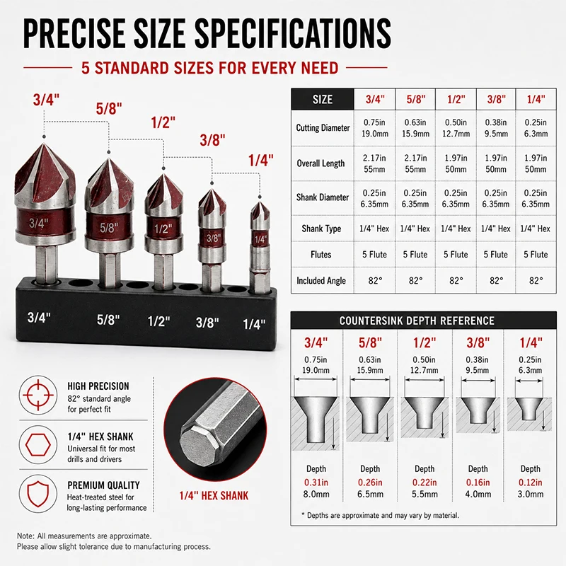 82 Degree 5-Flute Wood Countersink Drill Bit Set Red Chamfer Cutter Self-Centering Woodworking Pilot Hole Tool
