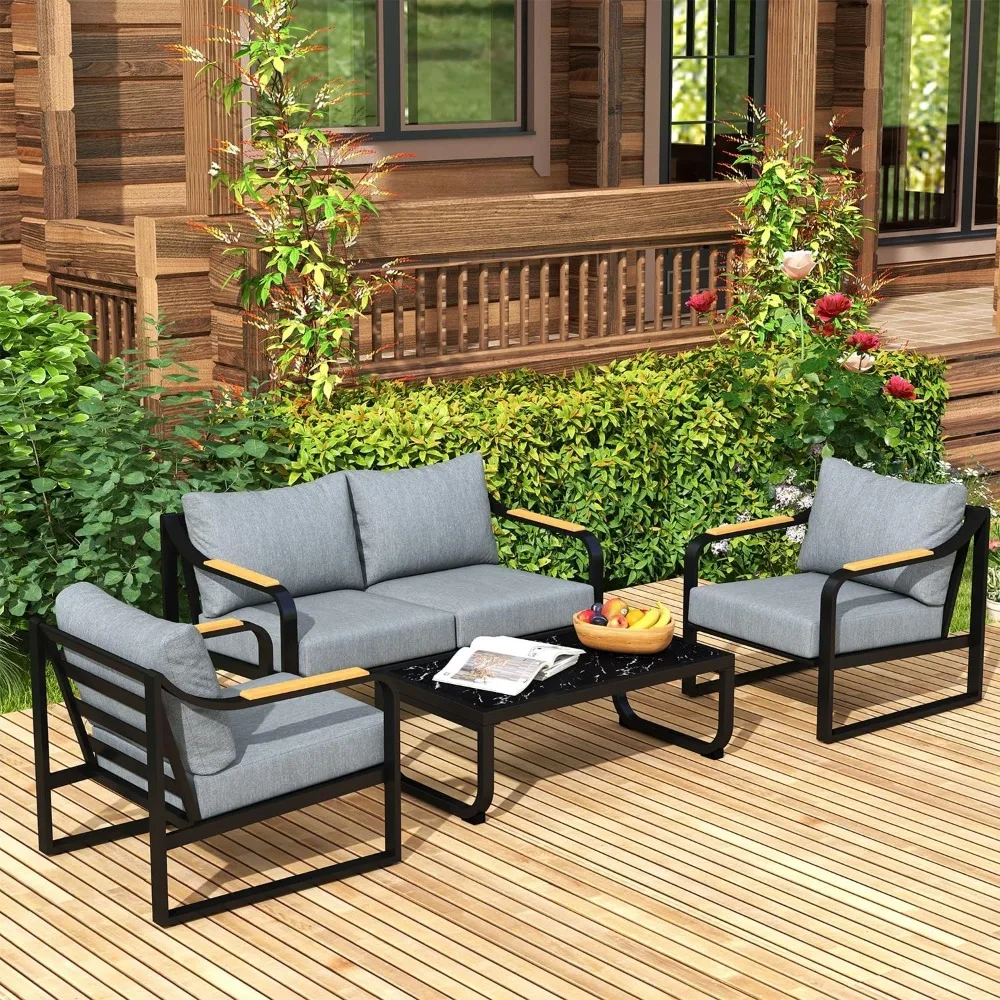 

Metal Patio Furniture Set, 4 Pieces Modern Outdoor Conversation Set, Patio Set with Sofa and Coffee Table for Balcony, Garden