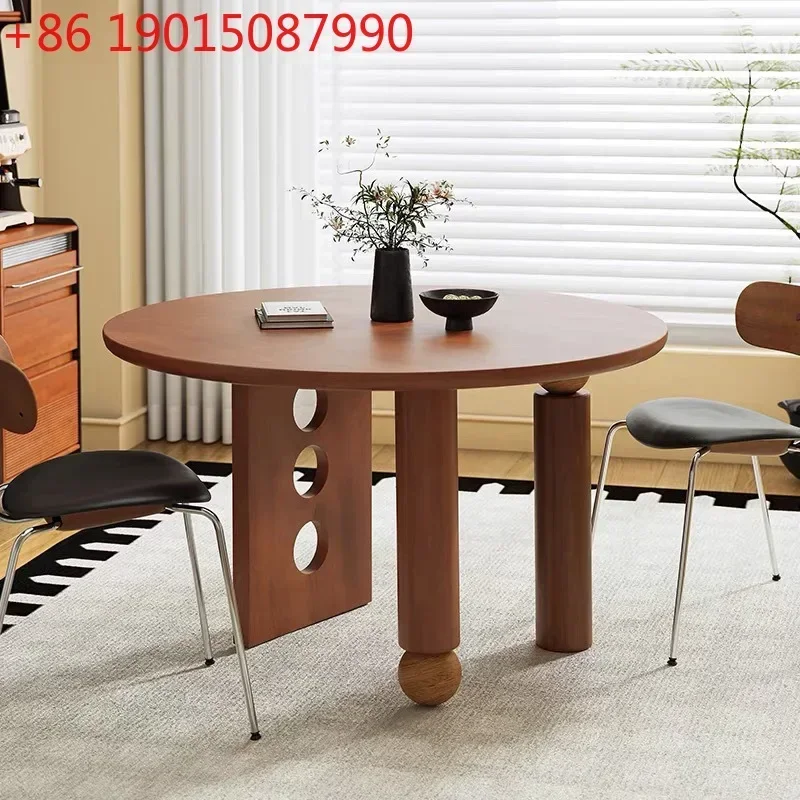 JJItalian high-end solid wood rock slab dining table round with turntable medieval matte rock slab round table