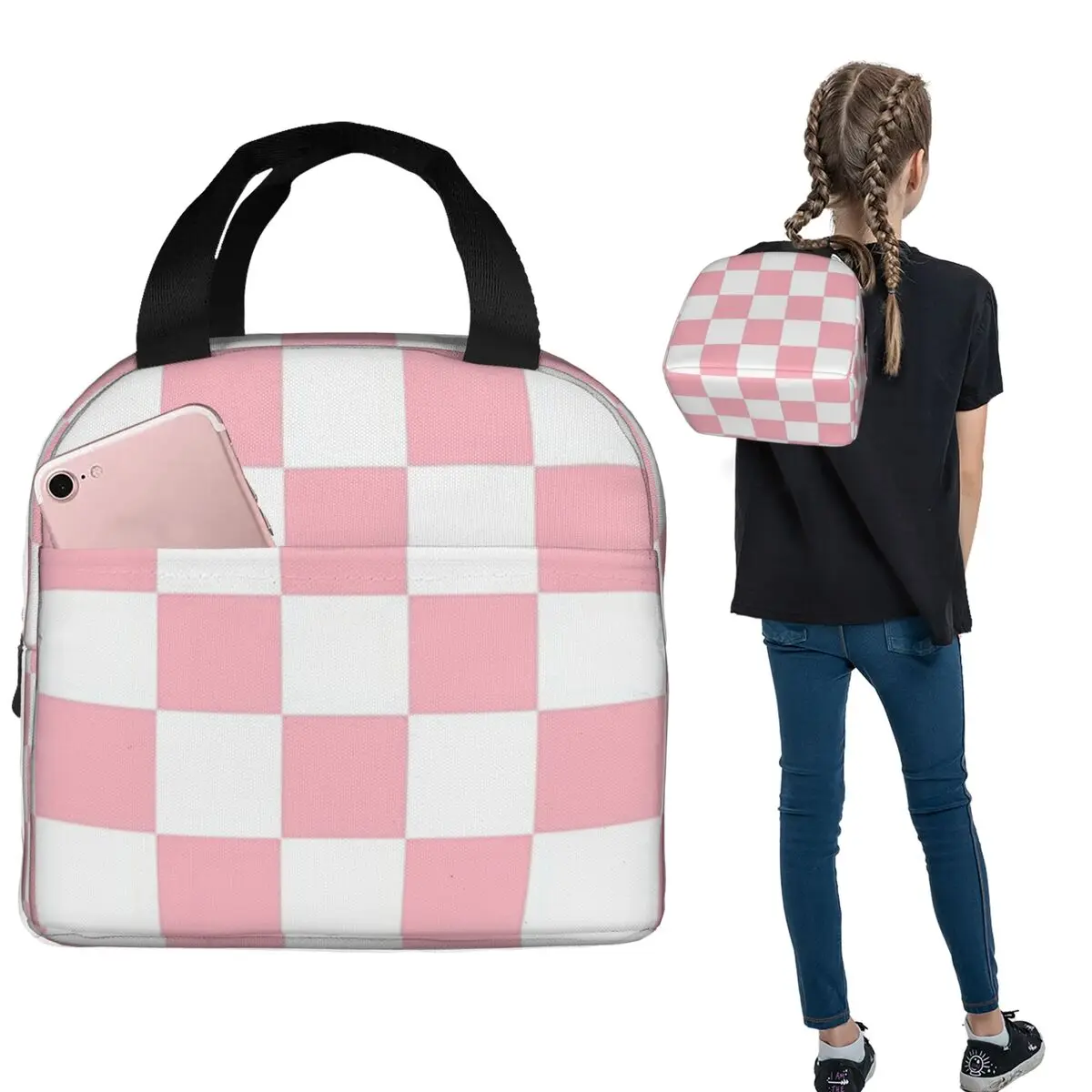 Pink White Checkerboard Pattern Insulated Lunch Bag for Women Children Portable Food Boxes Thermal Lunch Box Tote