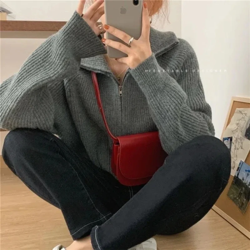 Spring Autumn Solid Color Turn-down Collar Long Sleeve Fashion Sweater Women High Street Zipper Cardigan Elegant All-match Tops