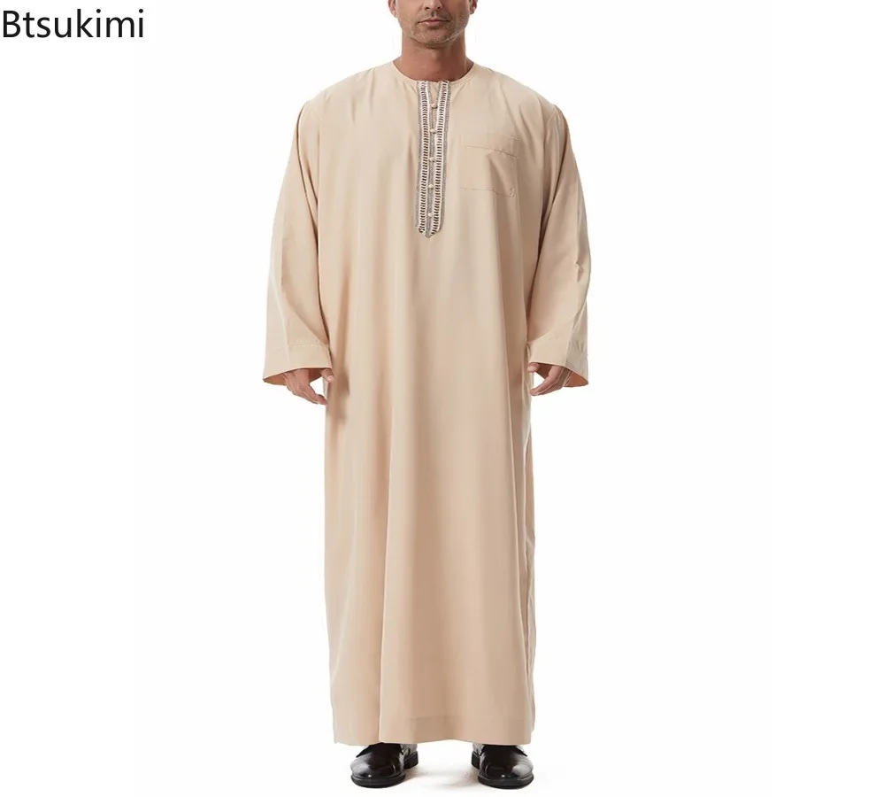 Jubah Muslim Pria Pakaian Arab Saudi Islami Ramadhan Arab Timur Tengah Gaun Pullover Lengan Panjang Leher Bulat Kasual Warna Polos