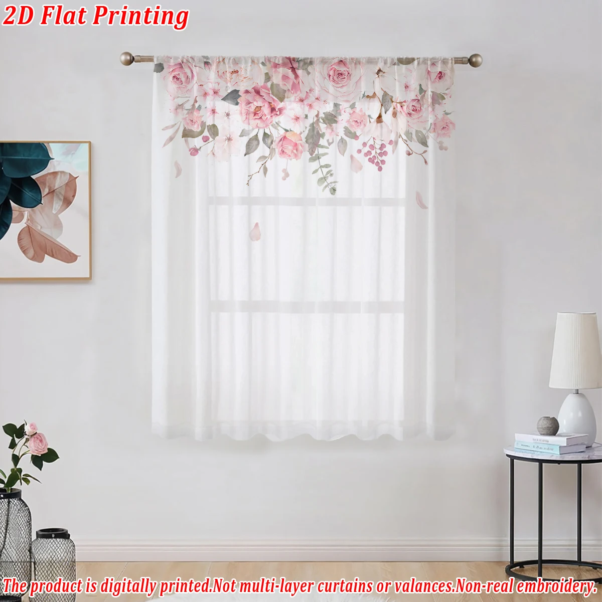 ستارة شفافة بطباعة مسطحة على شكل زهور وردية، قماش خفيف، لغرفة المعيشة وغرفة النوم وديكور المنزل والنافذة