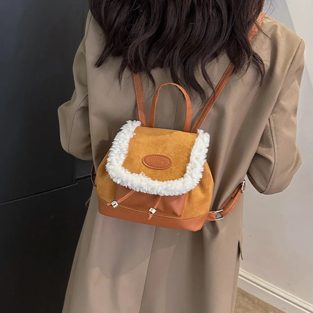 

Retro Drawstring Suede Backpack Square PU Leather Student School Bag Solid Color Korean Style Plush Shoulder Bag Girl