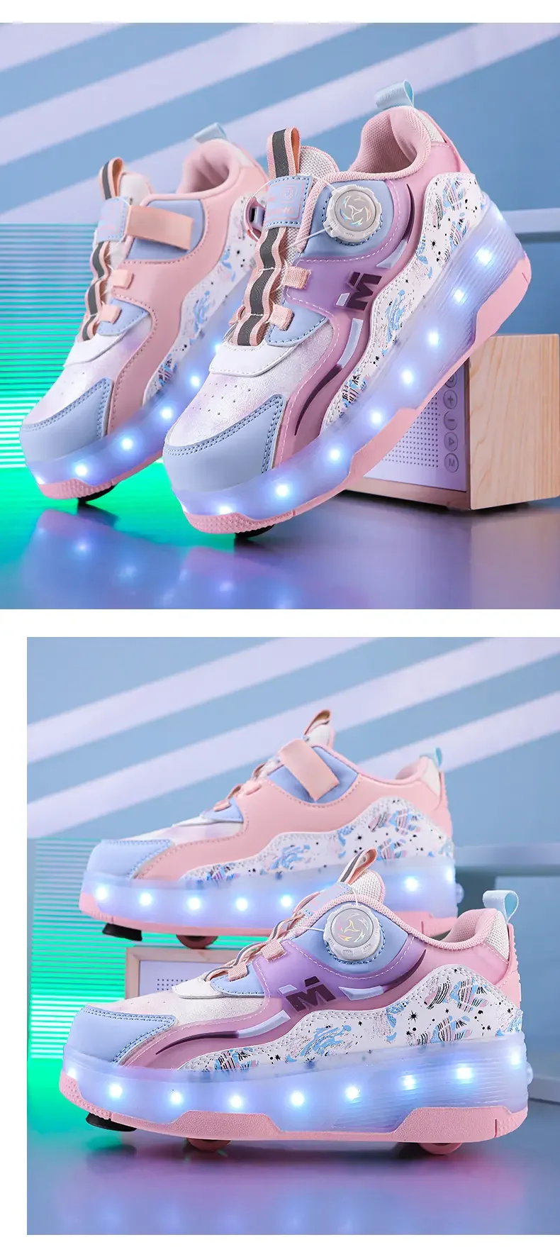 Children's Four Wheel Luminous Sports Shoes LED Light Roller Skating Shoes Boys and Girls USB Charging Training