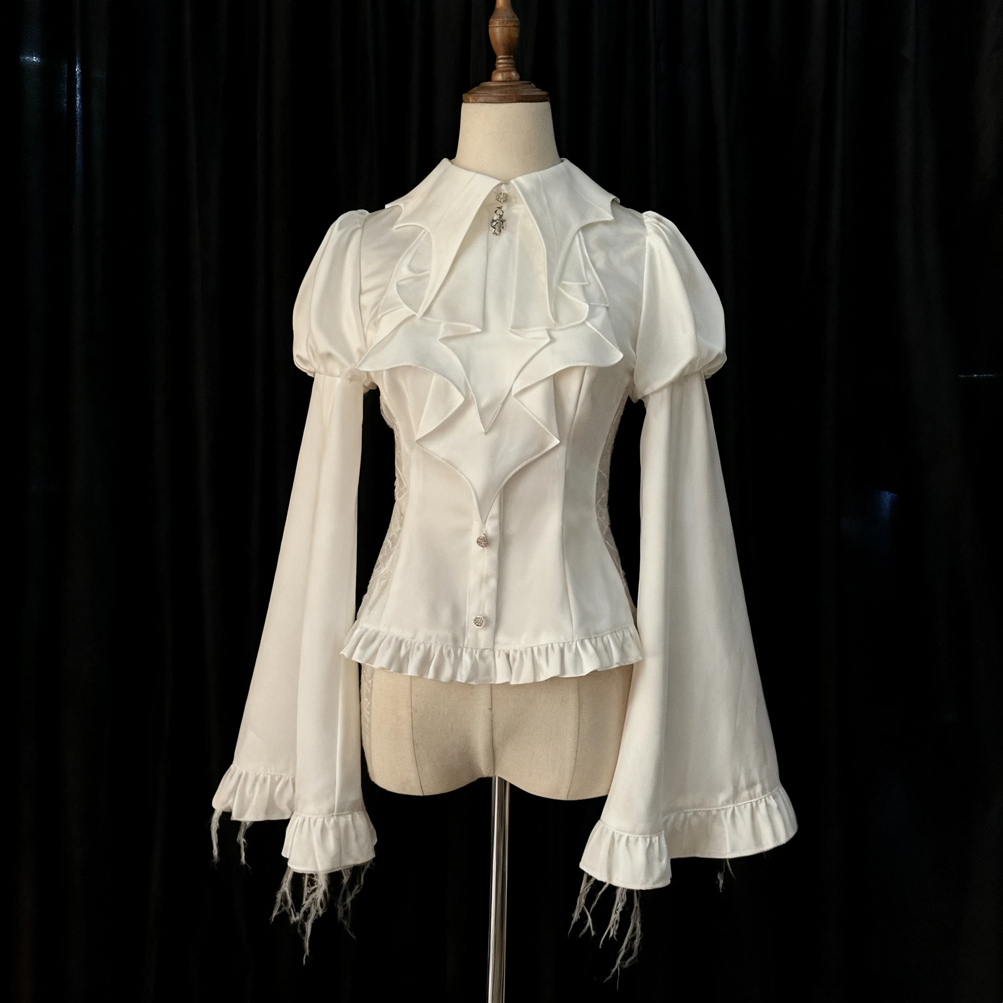 

Red Lolita Gothic Bottom Shirt Romantic Lacy Puff Flare Long Sleeve Turn Down Collar Slim Blouse Hollw Out Blouses Top Black