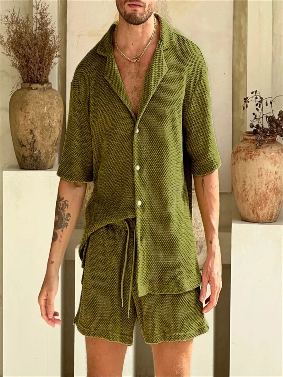 Vintage Men\'s Sets New Pure Color Knit Two Piece Suits Summer Mens Casual Short Sleeve Lapel Shorts Beach Party Knitted Outfits