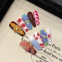 Handmade Press on Nails 3D Hand-carved Flowers Colorful Fake Nails Full Cover Wearable Long Ballet European False Nail Tips
